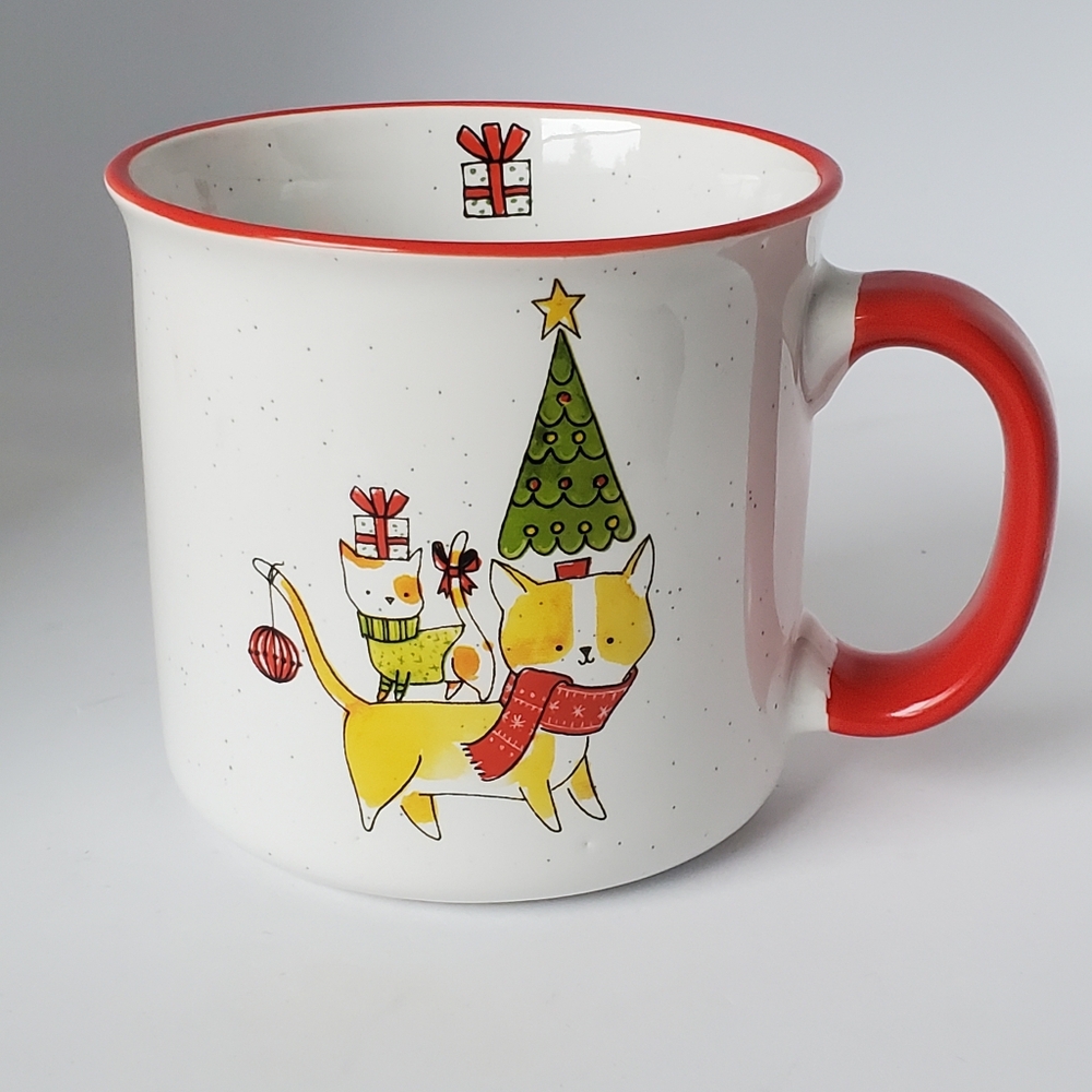 Christmas Cat Mug White Speckle Red Trim Large Ceramic Holidy Mug Prima Design